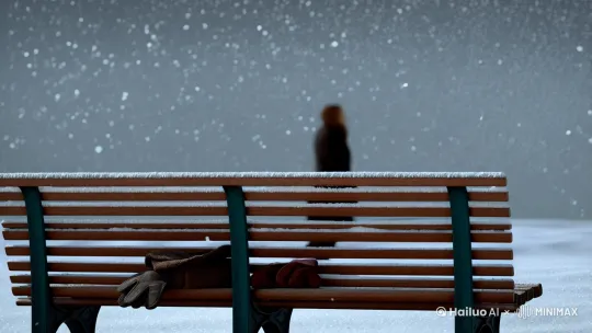"10秒冬季伤感氛围视频，灰暗天空飘雪，空荡公园长椅覆盖薄雪，长椅上放着手套和围巾，背景低沉的钢琴声与风声，模糊背影渐行渐远，雪地上文字：‘有些人，注定只能陪你走一段路。’ --ar 9:16 --v 6 --style cinematic --sad --emotional --winter" by Hailuo AI Video Generator