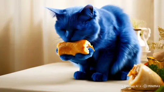 一只蓝色的猫在吃鸡肉卷，鸡肉卷流出了牛奶 by Hailuo AI Video Generator