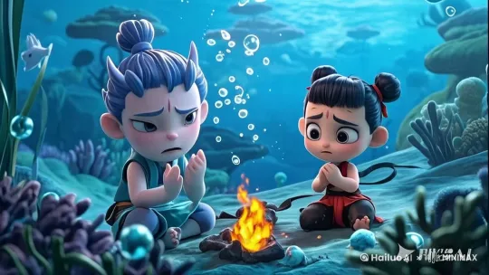 让图片中的火焰慢慢熄灭，气泡及混天绫和海草微微浮动 by Hailuo AI Video Generator