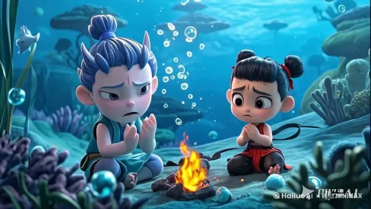 让图片中的火焰慢慢消失，气泡及混天绫和海草微微浮动 by Hailuo AI Video Generator