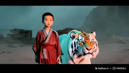 一个少年身穿褪色的红衣汉服站在一只体型巨大的白虎身旁，男孩衣衫槛褛，历经风霜，面向镜头行走，白虎体型巨大在行走，背景是一片沙漠背景大雾弥漫，灰暗，灰色调，废土风格，低饱和度，低镜头仰拍镜头，近距离特写镜头，侘寂风格，东方美学，青橙色调，大师杰作，长焦摄影，超清写实摄影，超清8K,极简风格，超高细节 by Hailuo AI Video Generator
