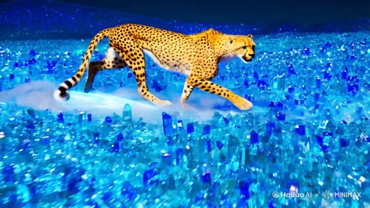 3D立体图像。一只光彩夺目的猎豹在一片发光的石英草场上飞奔，[推进,上升]它光滑的皮毛由抛光的琥珀组成，并带有熔化的金条纹。[左摇,变焦推进]每一次强有力的步伐都将闪耀的蓝宝石光芒送入空中，而发光的雾气触须则在其身体周围动态地旋转。[左移,上升]它栩栩如生的翡翠色眼睛专注地闪烁着，与超现实的宝石景观完美融合。[下降,上摇]--ar 9:16 --v 6.1 --style raw[左摇,变焦推进] by Hailuo AI Video Generator