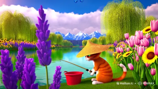 】：
"超清8K画质，皮克斯动画风格，一只橘白相间的猫咪戴着草帽坐在碧绿色的小河边钓鱼。猫咪手持迷你钓竿专注盯着水面，脚边放着红色小水桶。河岸两侧盛开着紫色薰衣草、黄色向日葵和粉色郁金香，垂柳枝条随风轻拂水面。清澈河水倒映着棉花糖般的云朵，三只蓝羽小鸟呈V字形掠过湛蓝天空。背景处可见覆盖白雪的远山，近景蒲公英种子随风飘散。画面采用广角镜头，柔和晨光营造童话氛围，水面泛起金色粼粼波光，突然浮漂下沉激起一圈涟漪..." by Hailuo AI Video Generator
