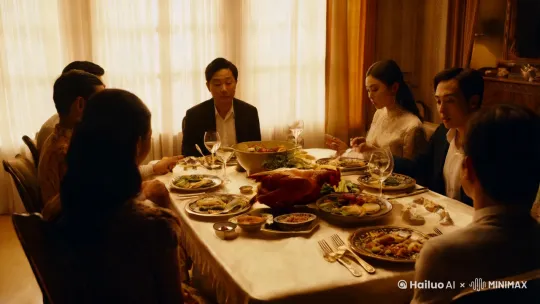 一家人围坐在一起吃饭，突然桌上的烧鸡慢慢的变成了一个美女，并在桌上跳起了恰恰舞 by Hailuo AI Video Generator