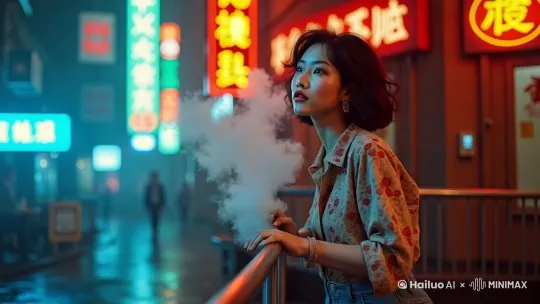 中景/仰角/镜头缓慢拉远/林婉蓉抬头凝视/空中下起了雨滴/雨越来越大/青橙色光污染在潮湿空气里晕染/动态模糊 光轨残留 瞳孔反射/时长3.5秒 by Hailuo AI Video Generator