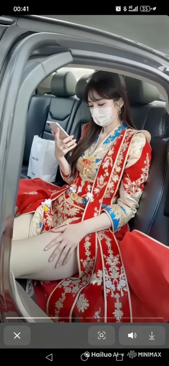 左手缓慢抚摸大腿，右手手玩手机，头发微微飘动，动作流畅，画面高品质， by Hailuo AI Video Generator