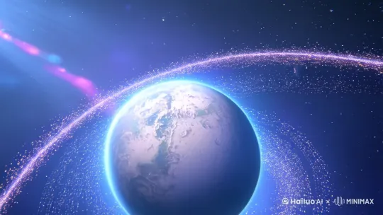 全景镜头开启，呈现浩瀚宇宙景象。一颗神秘星球散发奇异光芒，周围小行星带闪烁，镜头从远拉近，聚焦这颗星球。同时，科幻感背景音乐响起，夹杂着微弱的宇宙风声，时长从 0:00 至 0:04。
画面切换至中景，展示星球表面，古老遗迹若隐若现，其上神秘符文散发微光。镜头采用平移方式，缓慢展示遗迹，音乐持续，伴有符文闪烁音效，时间跨度为 0:04 至 0:08。
紧接着是特写镜头，一只机械手臂从遗迹中缓缓升起，手中握着一颗散发能量的宝石。镜头运用推镜头手法，聚焦在宝石上。音效加强，能听到机械臂运作的声音，此镜头时长在 0:08 至 0:13。
随后中景画面中，突然有飞船从旁冲出，机械臂迅速收回飞船内，飞船加速驶向宇宙深处。镜头采用拉镜头，展现飞船离去的场景。此时音乐节奏加快，飞船引擎轰鸣声清晰可闻，时长从 0:13 至 0:17。
最后以全景镜头收尾，飞船消失在星空，画面渐暗，只留下点点星光。此镜头为固定镜头，音乐渐弱，余音环绕，时长从 0:17 至 0:20。 by Hailuo AI Video Generator