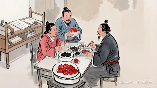 国风水墨，水墨写意人物，一家古人在有声有笑地吃饭，盘子里装的是黑木耳和山楂果 by Hailuo AI Video Generator