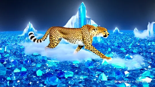 3D立体图像。一只光彩夺目的猎豹在一片发光的石英草场上飞奔，[右移,左摇,跟随]它光滑的皮毛由抛光的琥珀组成，并带有熔化的金条纹。[右移,跟随]每一次强有力的步伐都将闪耀的蓝宝石光芒送入空中，而发光的雾气触须则在其身体周围动态地旋转。[左移,上升]它栩栩如生的翡翠色眼睛专注地闪烁着，与超现实的宝石景观完美融合。[左摇,变焦推进]--ar 9:16 --v 6.1 --style raw[右摇,变焦推进] by Hailuo AI Video Generator