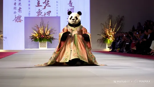一个带着帽子的熊猫模特，穿着华丽的汉服在T台上走秀，中国古风，8k细节 by Hailuo AI Video Generator