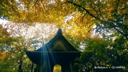 废弃神社参道，丁达尔效应中的光束穿叶，枫叶龙卷[下降] by Hailuo AI Video Generator