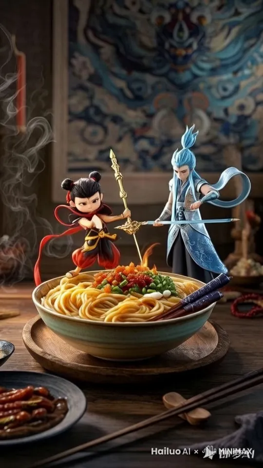 哪吒：“敖丙，这碗面可是我师父太乙真人特制的，有胆量来比试比试？”
敖丙：“哼，你的火尖枪烧不化我的冰霜剑，今天这碗面归我了！”打斗，比武，电影感，超现实感 by Hailuo AI Video Generator