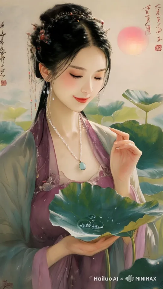 露珠滚动轨迹与女子睫毛颤动同步，虹光随镜头平移渐变 by Hailuo AI Video Generator