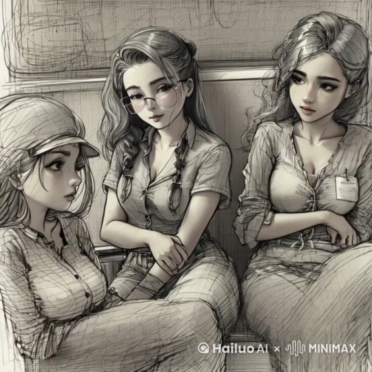 三个女人坐在一起，最左边的女人突然起身看向镜头，她突然伸出手将镜头挡住。 by Hailuo AI Video Generator