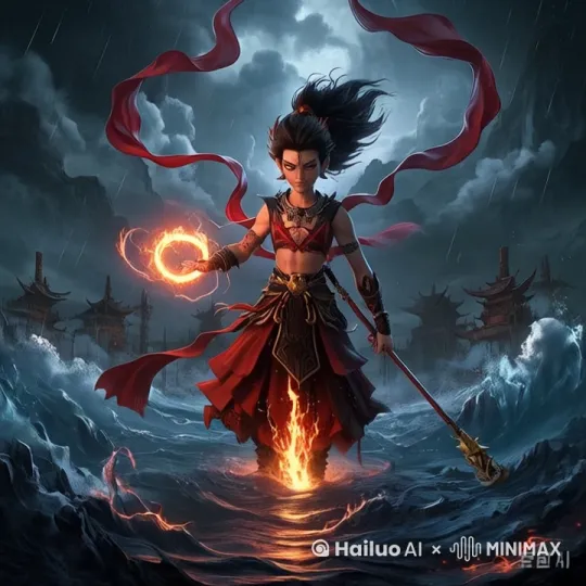 画面主体
暗黑魔童哪吒（红黑战甲/燃烧魔纹/鎏金瞳孔），脚踏熔岩漩涡，混天绫化为火焰锁链，乾坤圈悬浮爆发脉冲光波

动态效果
火焰燃烧特效（战甲纹路流动+混天绫拖尾）
能量脉冲从乾坤圈向外扩散（带雷电缠绕）
暴雨中海水漩涡逆时针旋转（冰火碰撞蒸汽）
乌云中闪电劈向哪吒（与魔纹共振发光）

镜头运动
瞳孔特写后拉镜头（魔纹粒子颤动→全景战斗）
低角度环绕旋转（展现混天绫撕裂乌云）
能量爆发推近镜头（掌心凝聚光球变形）

风格参数
暗黑东方美学/红蓝对比色调/敦煌云纹特效/电影级粒子细节/每秒12帧动态模糊

转场提示
能量球爆发白光闪屏（接续战斗场景） by Hailuo AI Video Generator