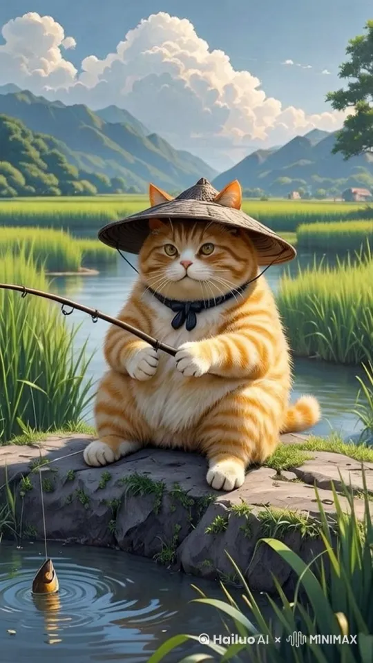 真实拍摄，高质量，高级清晰，现代写实风格，拟人化肥胖橘猫头戴斗笠在稻田河里钓鱼，要求橘猫提起鱼竿，鱼儿在挣扎 by Hailuo AI Video Generator