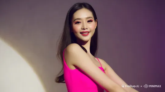 一个性感的女人，她穿着粉色的包臀裙，在镜头前跳着极乐净土，眼神迷离，面带微笑，充满了诱惑和挑逗的表情。视频提现一种欲说还休的氛围。 by Hailuo AI Video Generator