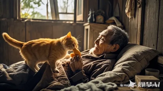 橘猫用嘴叼着面包，递给老爷爷嘴边，老爷爷吃了起来 by Hailuo AI Video Generator
