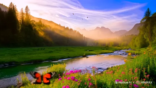清晨的阳光洒落在翠绿的山谷间，薄雾如轻纱般缭绕，远处的山峰若隐若现，仿佛一幅水墨画卷。溪水潺潺，清澈见底，映照着蓝天白云，偶尔有几片落叶轻轻飘落，随波逐流。岸边的野花在微风中摇曳，散发出淡淡的清香，蝴蝶在花丛中翩翩起舞，仿佛在为这片宁静的天地增添一抹灵动。远处的树林中，鸟儿清脆的鸣叫声此起彼伏，仿佛在诉说着大自然的和谐与美好。这一刻，时间仿佛静止，天地间只剩下这片纯净而美丽的风景，令人心旷神怡。[右摇,变焦推进] by Hailuo AI Video Generator