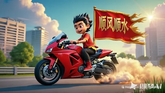 哪吒一边骑车向前行驶，一边说话。旗帜在风中飘扬。 by Hailuo AI Video Generator