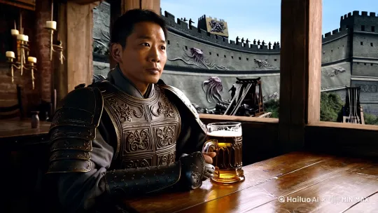 一个中世纪的酒馆内，一个身穿中世纪盔甲的中国士兵正在酒馆内喝着啤酒，他望向窗外，窗外是一座宏伟的克鲁苏风格长城，城墙上有一些士兵和各种巨大的投石车[右摇][推进] by Hailuo AI Video Generator