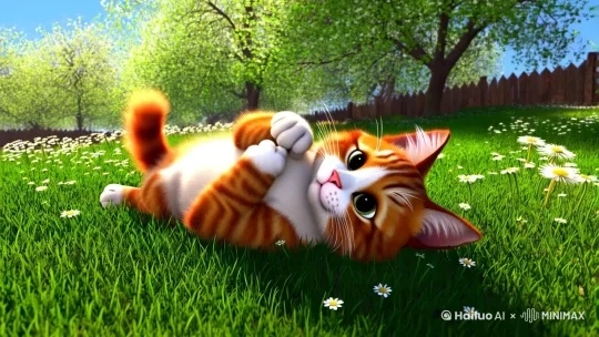 帮我生成图片：画面构思：

主角：一只毛茸茸的橘白相间小奶猫，肚皮朝上躺在柔软的草地上，前爪蜷在胸前，眯着眼睛露出惬意的表情。

环境：春日的阳光透过树梢洒下斑驳光影，草地点缀着零星小白花，背景是低矮的木栅栏和几株蒲公英。

细节：小猫的胡须被微风轻拂，尾巴懒洋洋地搭在一朵雏菊上，身边还有一只好奇的蝴蝶停驻。生成图片转换成视频 by Hailuo AI Video Generator