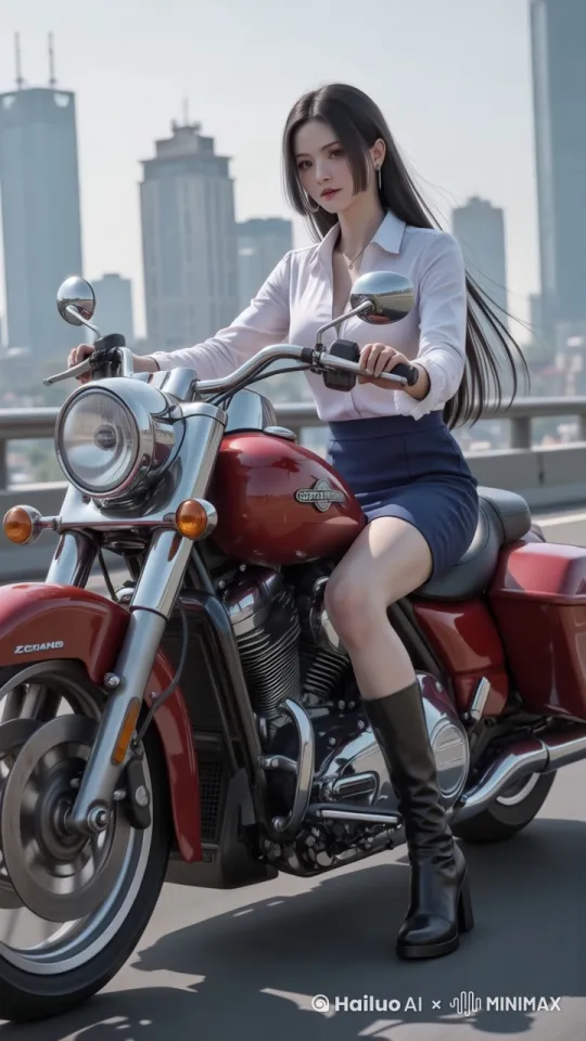 一位长发飘飘、身材火辣的女子身着皮衣皮裤，潇洒地跨坐在摩托车上，在城市快车道上风驰电掣。[情感冲击] 扑面而来的性感与不羁，让人瞬间为之吸引。[技术指南] 高清特写女子面容与身姿，摩托车行驶动态特效，添加道路光影效果。 by Hailuo AI Video Generator