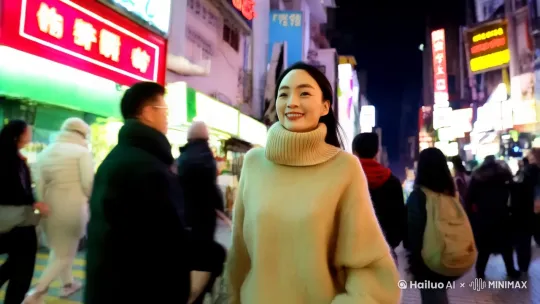 一个漂亮的女人走在香港繁华的街道，突然迎面走来大明星刘德华与之握手打照呼。 by Hailuo AI Video Generator