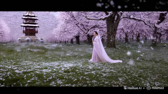 [左移,上升]古装仙女，漫步在梅花林中，雪花飞舞[左移,右摇,跟随]仙女款款走向远处的楼阁，楼阁巍峨，天上宫阙 by Hailuo AI Video Generator