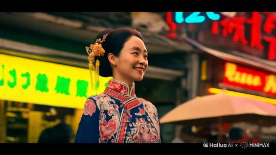 一个漂亮的女人穿着精致的旗袍，面带笑脸走在香港繁华的街道，突然迎面走来大明星刘德华与之握手打照呼。 by Hailuo AI Video Generator