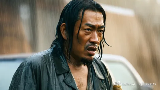 沧桑的男人在雨中，雨水从脸颊不住流下，把一瓶酒灌进嘴里，然后，痛苦地闭上双眼，转头离开。 by Hailuo AI Video Generator