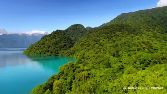 眼前展开的是一幅壮丽的画卷，湖光山色交织出一片绚烂的景致。远方，山脉层峦叠嶂，宛如诗中描绘的仙境；近处，湖水波光粼粼，清澈透明，仿佛触手可及。满眼都是绿意盎然的生机，令人沉醉于大自然的温暖怀抱 by Hailuo AI Video Generator
