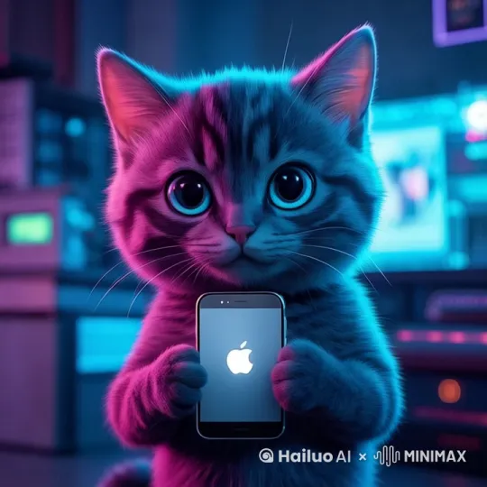 一只猫拿着手机，不停的对着镜头说话，表情高兴愉快。 by Hailuo AI Video Generator