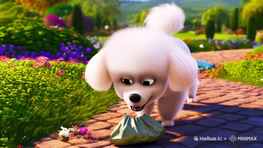 一只可爱的一只可爱的小比熊犬在为了补贴家里出来捡垃圾 by Hailuo AI Video Generator