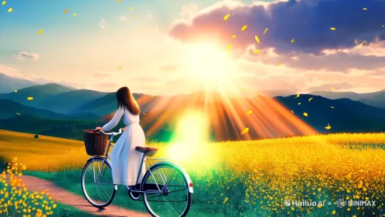 🌟【场景核心】：
"Vast golden rapeseed flower field under blue sky, winding dirt path through flowers, girl cycling away in white dress (back view), vintage bicycle with basket, soft petals floating in air"

🌼【风格强化】：
Ghibli style animation, 4k detailed rendering, warm sunlight with volumetric rays, pastoral countryside scenery, Miyazaki Hayao color palette

📷【镜头参数】：
Wide angle tracking shot (from behind), slow motion cycling movement, depth of field blur on distant mountains, slight camera pan to left, 24fps cinematic frame rate

💡【光线特效】：
Golden hour lighting, soft lens flare, subtle light particles, gentle breeze moving flowers, dynamic cloud movement

🎨【调色建议】：
Vivid yellow color grading, teal & orange contrast in shadows, pastel highlights, film grain texture, light bloom effect[右移,左摇,跟随][推进,上升][左移,右摇,跟随][左移,右摇,跟随] by Hailuo AI Video Generator
