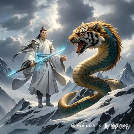 昆仑之巅白雪皑皑，狂风卷着乌云 ，身着素白长袍的仙人凌空虚立，手持淡蓝色光芒长剑，对面巨大幽绿光芒虎蟒张着血盆大口獠牙毕现，整体画面风格奇幻玄幻，色调偏冷蓝，带有神秘氛围光效。 by Hailuo AI Video Generator