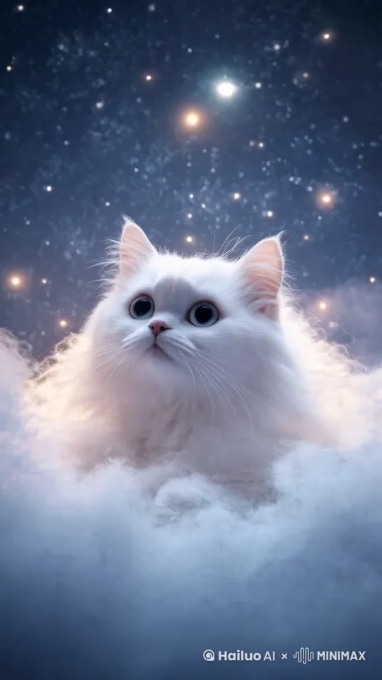 一只毛茸茸的白色猫咪，正慵懒地趴在云朵上，抬头仰望星空的流星”。 by Hailuo AI Video Generator