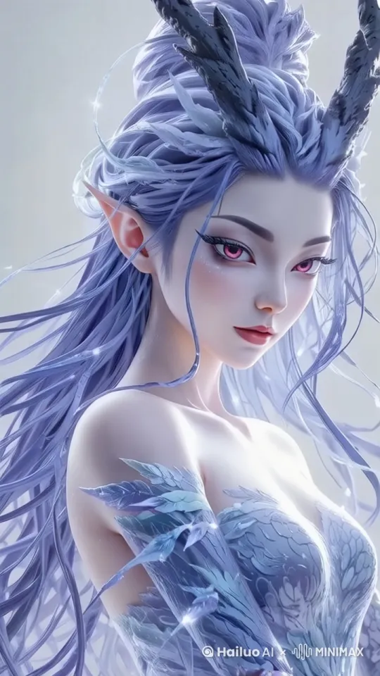 场景中的人物发丝随风飘动，画面中白色雪花缓缓飘落营造梦幻氛围感，人物轻微眨眼，温柔而有魅力，整个画面极具梦幻 by Hailuo AI Video Generator