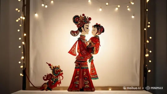 皮影人物，妈妈把头伸到宝宝头上，逗宝宝开心 by Hailuo AI Video Generator