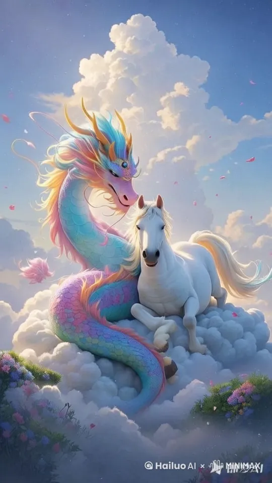 龙和马温馨的在一起，相互抚摸，相互头碰头，摇头摆尾，恩爱场景，镜头旋转拍摄，背景随动，超高清，运镜流畅，摄影师技术拍摄，动作描述细致到位， by Hailuo AI Video Generator