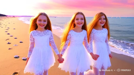 Three young Russian girls with golden hair walking on beach, wearing white semi-transparent stockings, matching white lace dresses, laughing and holding hands. Scene: Sunset beach with pink and orange sky, gentle waves, seashells scattered on sand, distant sailboats. Style: Realistic anime fusion with soft focus, cinematic lighting, 8k resolution. Action: Slow-motion walking with wind blowing hair and dresses, soft sand footprints. Lighting: Golden hour sunlight with lens flare effects. Details: Pastel color palette, sparkling water droplets, seagulls flying in background by Hailuo AI Video Generator