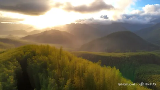 晨雾中的湘西群山航拍，阳光穿透云层洒向竹林（慢镜头） by Hailuo AI Video Generator