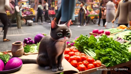 一只小猫在街道上卖菜，路人走过，不买，小猫哭了 by Hailuo AI Video Generator