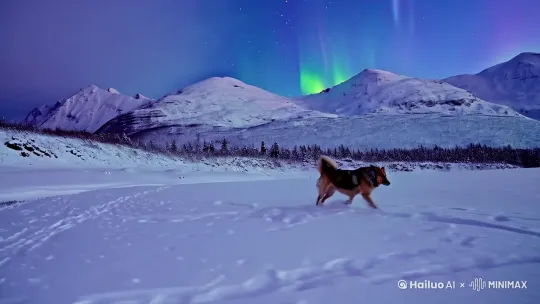 雪地雪山蓝色极光之地，地上奔跑的狗狗 by Hailuo AI Video Generator