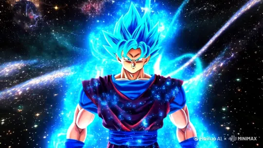 Son Goku Super Saiyan Blue form, surrounded by deep blue aura with energy particles, distorted cosmic starfield background, 8k ultra-detailed, Akira Toriyama's original art style" by Hailuo AI Video Generator
