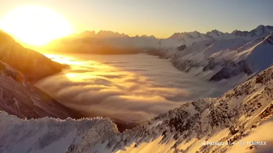 雪山晨光
金色日出晕染雪峰，云海翻涌如浪，鹰影划过天际，冰晶随风闪烁。 by Hailuo AI Video Generator