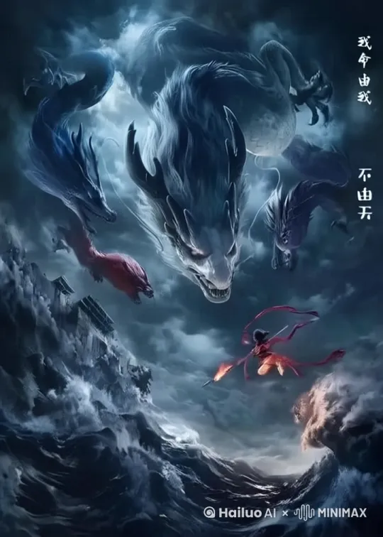 海水波涛汹涌，四条龙左右摆动， by Hailuo AI Video Generator