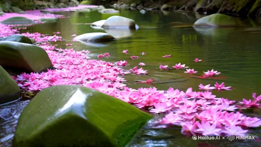 樱花河谷
浅粉花瓣顺溪漂流，晨露缀满青石，锦鲤红影偶现涟漪间 by Hailuo AI Video Generator