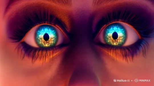 主角瞳孔映出倒流的时间，身后追击者突然分解成粒子 by Hailuo AI Video Generator