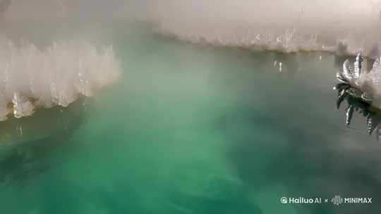 火山温泉
乳白雾气蒸腾升起，硫磺结晶环绕碧色泉眼，枯枝凝满冰霜。 by Hailuo AI Video Generator